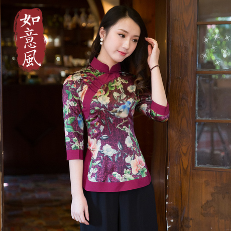 如意风2018复古中式旗袍长袖新款中国风印花气质上衣女唐装8050商品大图