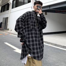 STi美式复古嘻哈oversize宽松衬衣高街男女猫须黑白格子长袖衬衫