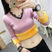 2018新款韩版女装毛衣加绒打底衫女短款针织蕾丝领条纹显瘦秋冬季图片