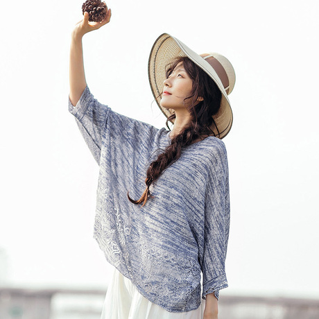 茵曼2018夏装新款韩版大码圆领花纱七分袖百搭蝙蝠袖针织衫女上衣商品大图