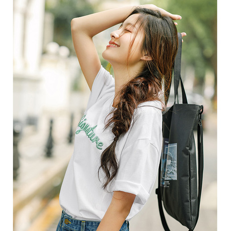 茵曼2018夏装新款纯棉圆领落肩袖立体绣花休闲T恤女F1882022850商品大图
