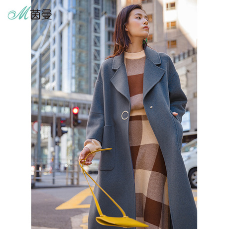 茵曼2018秋冬新款气质时尚暗扣羊毛双面呢大衣女长款宽松毛呢外套商品大图