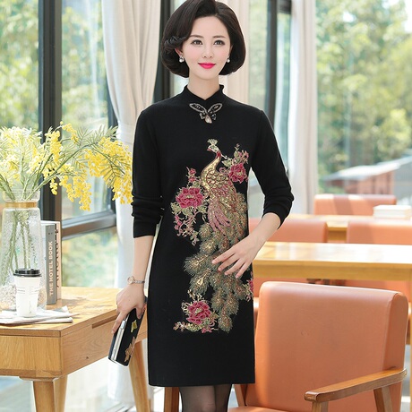 中老年女装中长款打底衫毛衣裙 加肥秋冬旗袍妈妈婚礼连衣裙毛衣商品大图
