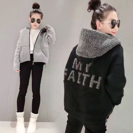 2018秋冬季女装新款欧货韩版潮宽松连帽加绒加厚卫衣ins短款外套商品大图