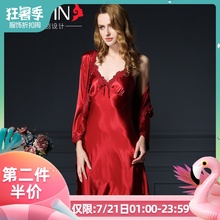 夏季睡裙女纺真丝睡衣睡袍套装 薄夏天冰丝绸红色结婚新娘婚礼晨袍