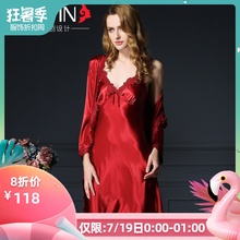 薄夏天冰丝绸红色结婚新娘婚礼晨袍 夏季睡裙女纺真丝睡衣睡袍套装