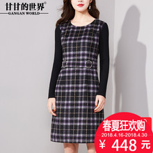 甘甘的世界2018春装新款女拼接毛织袖收腰显瘦H型连衣裙女中长款图片