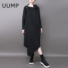 UUMP2019秋装新款高领连衣裙宽松大码显瘦A版不规则纯色T恤裙