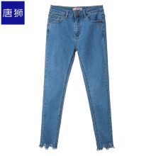 唐狮旗舰店2018冬装新款牛仔裤女脚口毛边抓绒直筒中腰长裤子图片