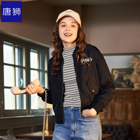 唐狮旗舰店2018秋装新款短外套女青年韩版净色印花字母棒球领商品大图