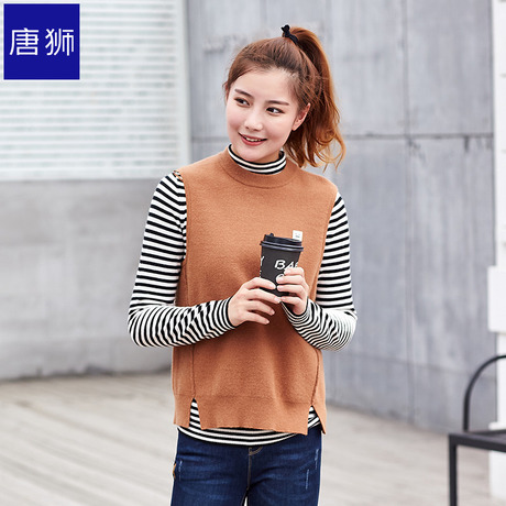 唐狮旗舰店2018冬装新款毛衣女高领长袖条纹衫套头背心两件套商品大图