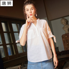 唐狮2018夏装新款衬衫女V领短袖衬衫休闲纯色时尚简约女学生上衣图片