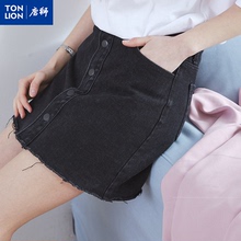 唐狮夏季牛仔裙女高腰A字裙韩版牛仔短裙显瘦黑色单排扣半身裙图片