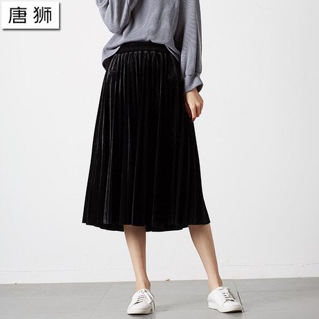 唐狮2018秋装新款半身裙女宽松百褶丝绒压褶中长半裙少女学生中裙商品大图