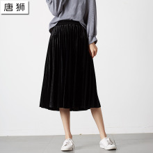 唐狮2018秋装新款半身裙女宽松百褶丝绒压褶中长半裙少女学生中裙图片