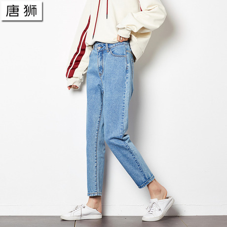 唐狮2018秋装新款高腰牛仔裤女宽松显瘦哈伦裤直筒裤浅色长裤韩版商品大图