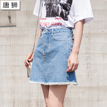 唐狮2018夏装新款女高腰A字裙韩版牛仔短裙显瘦牛仔裙毛边半身裙图片