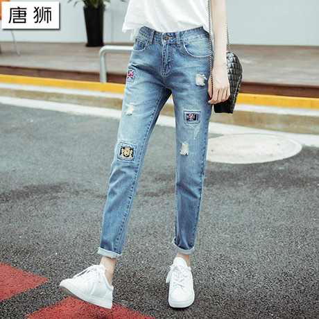 唐狮2018新款破洞牛仔裤女小脚裤贴标牛仔裤显瘦宽松哈伦裤高腰春商品大图