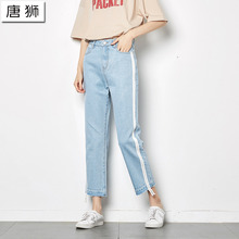 唐狮2018秋装新款时尚韩版休闲九分裤学生显瘦织带毛边牛仔裤女潮图片