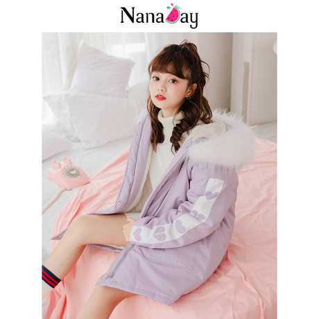 娜娜日记2018冬装新款女装紫色韩版潮大毛领宽松学生棉衣棉服女媄商品大图