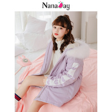 娜娜日记2018冬装新款女装紫色韩版潮大毛领宽松学生棉衣棉服女媄图片