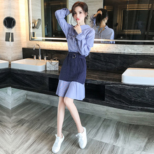 秋装女长袖韩版早秋新款女装2018条纹拼接撞色秋季两件套连衣裙潮图片