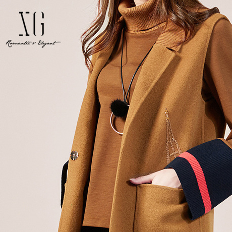 ✅xg正品女装2018冬季新款韩版焦糖色中长款毛呢马夹XD424001A134商品大图