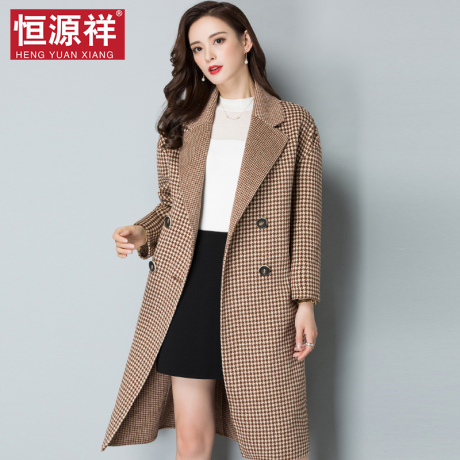 恒源祥中长款毛呢外套女新款秋冬双排扣气质细格子双面呢羊毛大衣商品大图