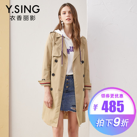 风衣女中长款衣香丽影2018秋装新款系带修身双排扣长袖翻领外套商品大图