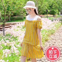 西子小荷连衣裙女夏2018新款中长款气质露肩显瘦初中学生少女长裙图片