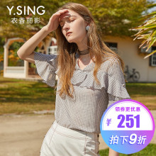 雪纺衫女格子短袖V领衣香丽影2018夏装新款荷叶边宽松休闲上衣图片