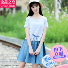 2017夏季新款少女假两件连衣裙女中学生韩版夏装青少年小清新中裙图片