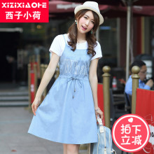 西子小荷温柔风吊带裙夏2018新款A字裙少女短袖中长款牛仔连衣裙图片