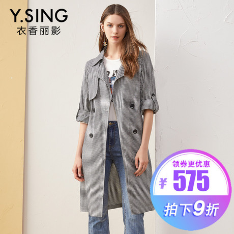 风衣外套女格子中长款衣香丽影2018秋装新款系带修身翻领双排扣商品大图