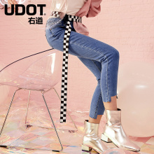 UDOT右道高腰小脚裤 不规则脚口九分裤显瘦牛仔裤女UU6161图片