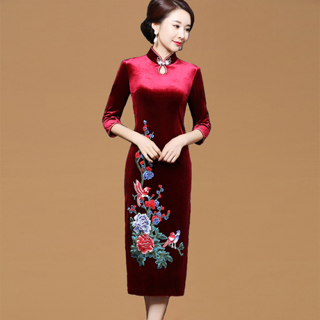 中老年金丝绒改良旗袍连衣裙婚宴丈母娘婚礼服高贵婚庆妈妈装秋装商品大图