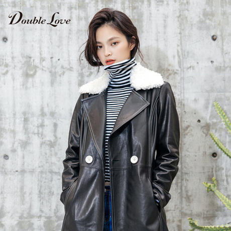 Doublelove女装2018早秋新款可拆卸毛领绵羊皮中长款皮衣外套商品大图