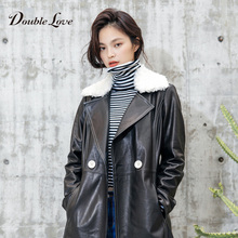 Doublelove女装2018早秋新款可拆卸毛领绵羊皮中长款皮衣外套图片