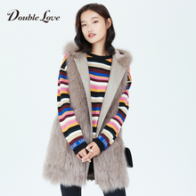 Doublelove女装2018秋冬新款温暖色皮革拼接连帽暗扣皮草马甲外套图片