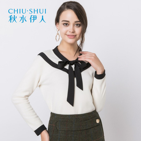秋水伊人2018冬装新品女装韩版V领系带蝴蝶结长袖T恤显瘦上衣K052商品大图