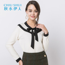 秋水伊人2018冬装新品女装韩版V领系带蝴蝶结长袖T恤显瘦上衣K052图片