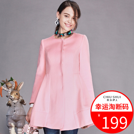 秋水伊人2018冬装女装圆领纯色修身收腰显瘦毛呢大衣外套女F495商品大图