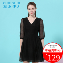 秋水伊人2018新品女装V领修身显瘦中袖轻纱短款连衣裙F1611图片