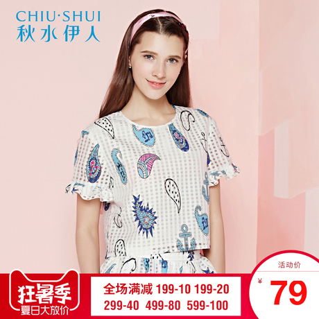 秋水伊人2018夏款女装风荷叶边袖印花短袖短款休闲淑女上衣E222商品大图