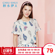 秋水伊人2018夏款女装风荷叶边袖印花短袖短款休闲淑女上衣E222图片