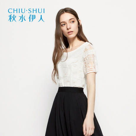 秋水伊人2018夏装新品纯色短袖蕾丝衫上衣女J198商品大图