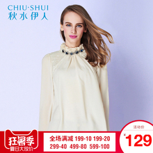 秋水伊人2018秋装新款女装复古蕾丝拼接雪纺上衣F1190图片
