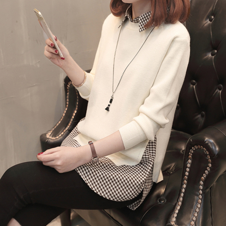 秋季2018新款女装韩版针织假两件短款套头毛衣女打底衫女长袖上衣商品大图