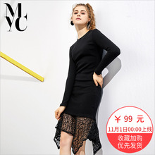不规则连衣裙2018冬季女装新款时尚韩版蕾丝拼接纯色修身显瘦裙子图片