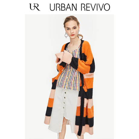 UR2018秋冬新品青春女装个性条纹罗纹领宽松针织外套YL37R9DN2000商品大图